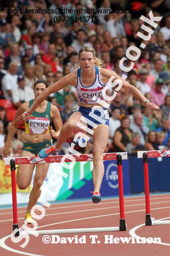 Eilidh Child (Scotland) in the heats of the 400 metres hurdles at the Commonwealth Games, Glasgow. Photo: David T. Hewitson/Sports for All Pics